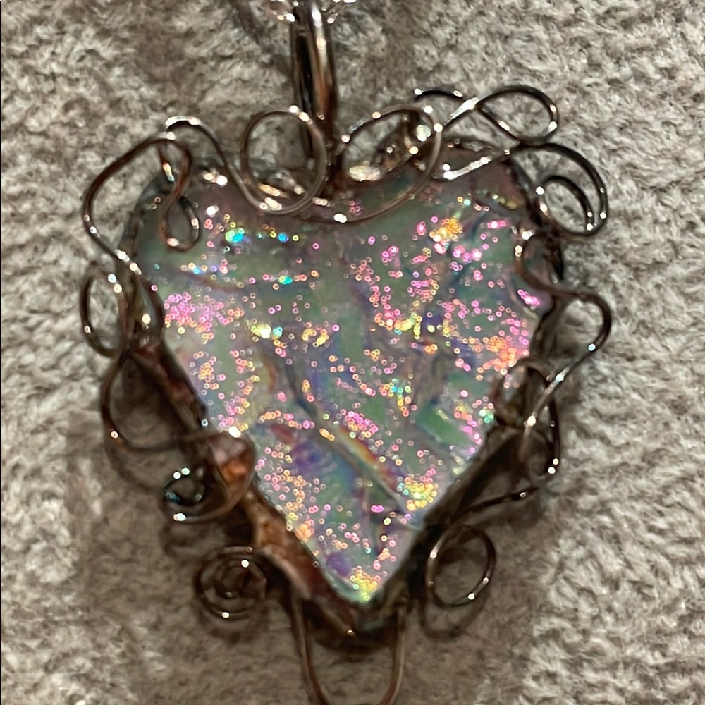 Vintage Pink and Silver Art Glass Heart Necklace with Ornate Filigree 18-20”